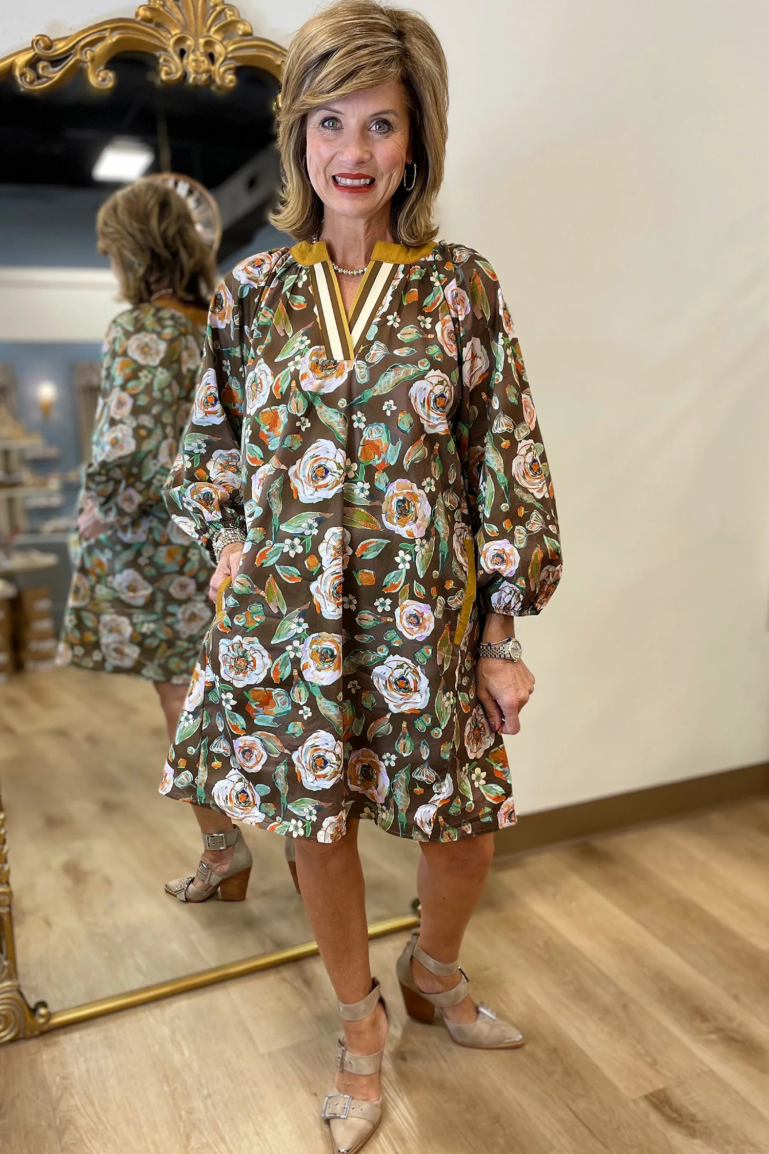 Brown Floral Print Contrast Trim V Neck Pocketed Long Sleeve Mini Dress - Image 4