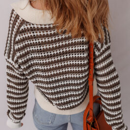 Brown Stripe Eyelet Hollow-out Contrast Collared Pullover Chic Sweater