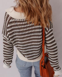 Brown Stripe Eyelet Hollow-out Contrast Collared Pullover Chic Sweater