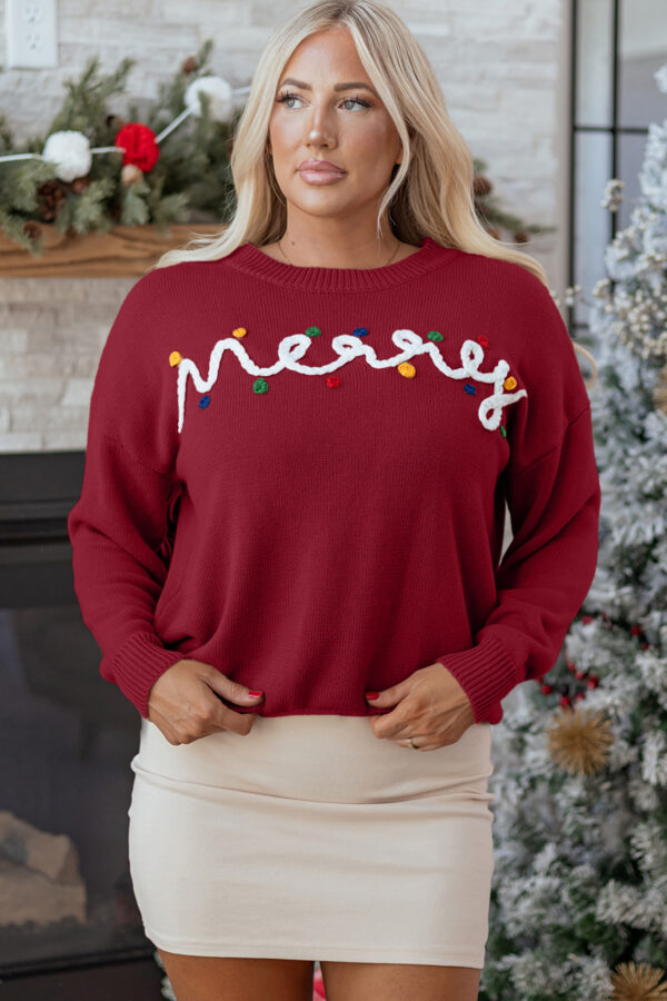 Racing Red Merry Colorful Dot Detail Christmas Drop Shoulder Sweater