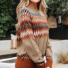 Khaki Aztec Print Colorblock Crew Neck Sweater