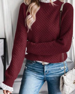 Burgundy Contrast Lace Frilled Trim Raglan Sleeve Sweater