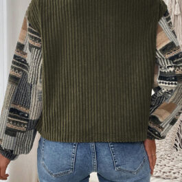 Jungle Green Ribbed Fleece Plaid Print Patchwork Button Up Jacket