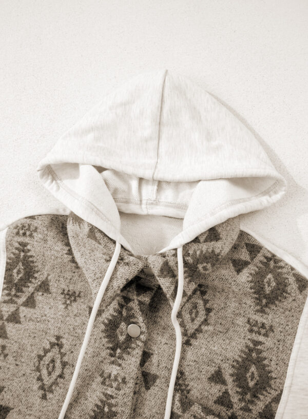 Gray Western Aztec Print Color Block Patchwork Drawstring Hooded Shacket