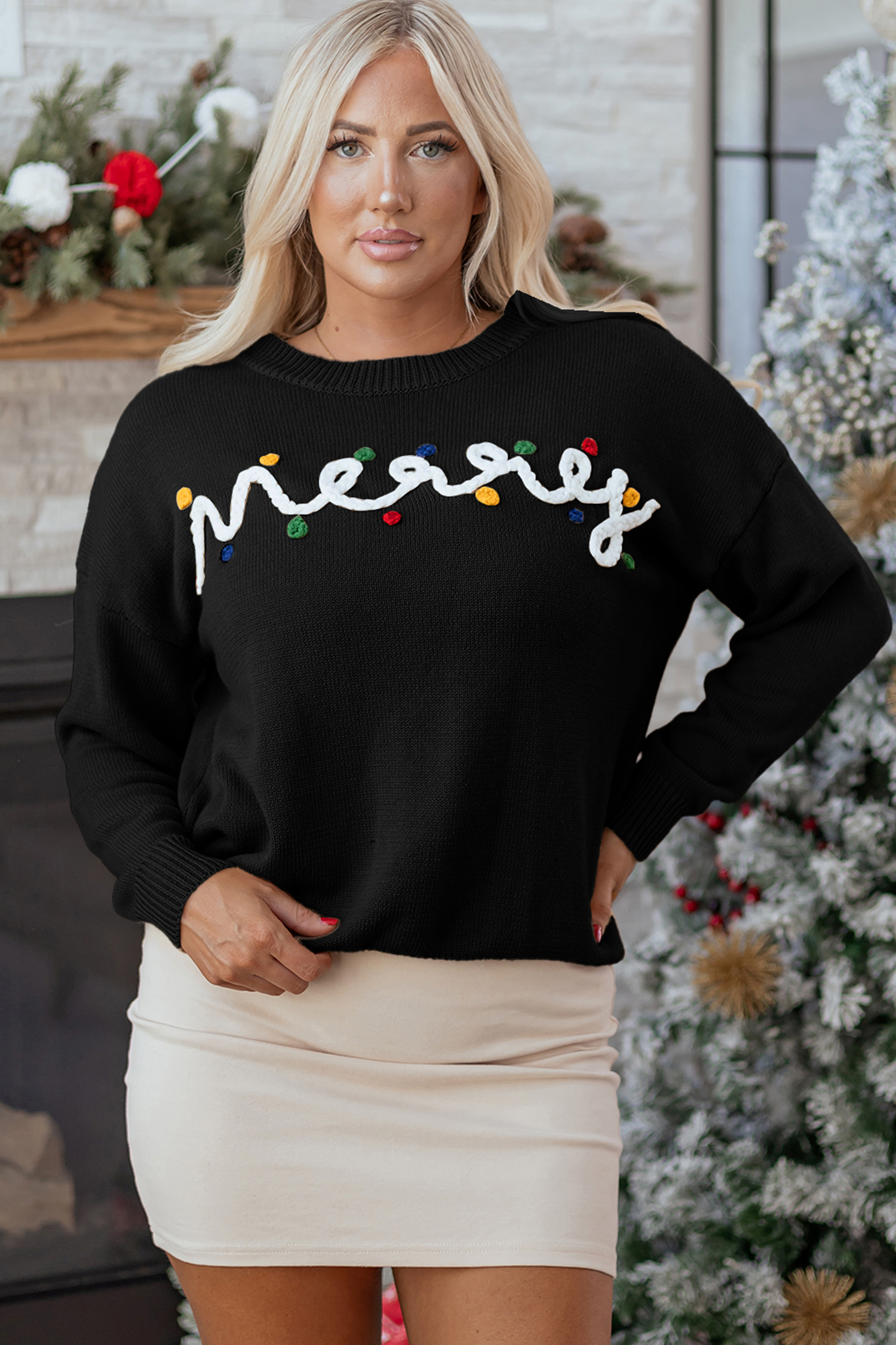 Black Merry Colorful Dot Detail Christmas Drop Shoulder Sweater - Image 4