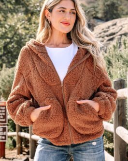 Straw Yellow Zip Up Hooded Sherpa Jacket