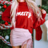 Fiery Red Merry Letter Embroidered High Neck Sweater