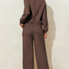 Dark Brown Solid Collared Sweatshirt and High Waist Pants Active Set
