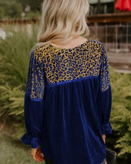 Sky Blue Leopard Patchwork Shoulder Flounce Sleeve Velvet Blouse
