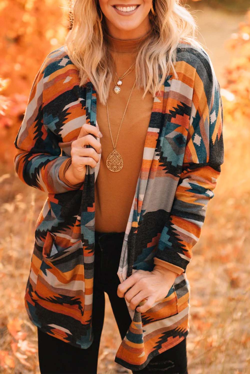 Orange Western Tribal Aztec Print Cardigan - Image 7