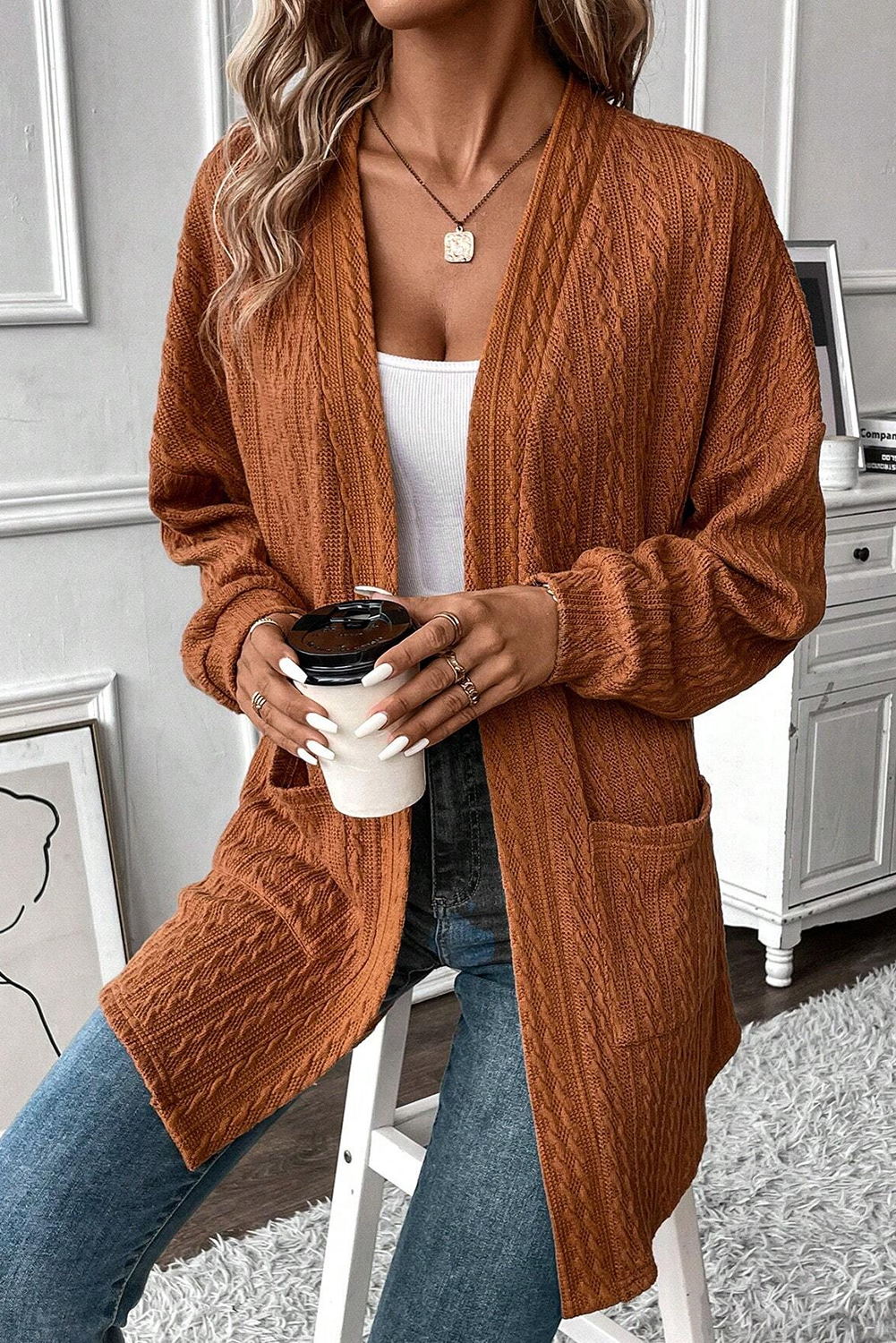 Canton Textured Knit Side Pockets Open Front Cardigan - Image 9