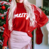 Fiery Red Merry Letter Embroidered High Neck Sweater