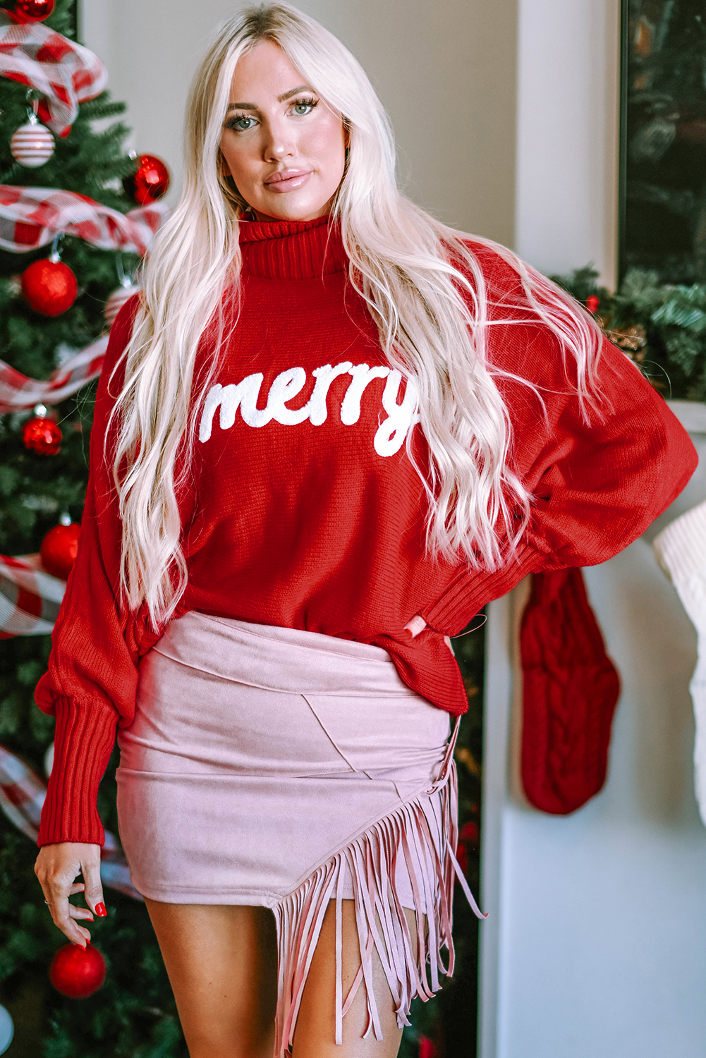 Fiery Red Merry Letter Embroidered High Neck Sweater - Image 5