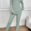 Grass Green Ribbed Notched Neck Knit Long Sleeve Leggings Two Pieces Lounge Set