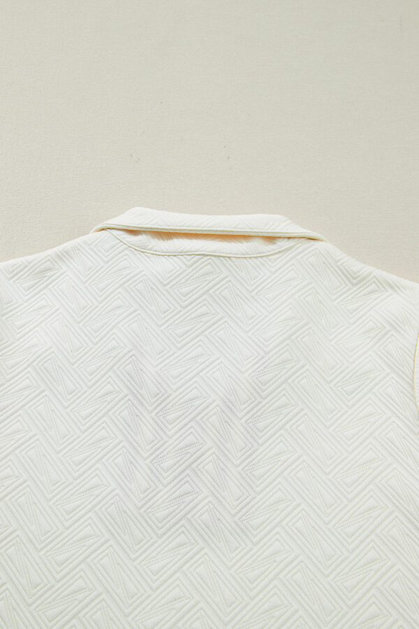 White Textured Knit Contrast Striped Accent Zipped Collar Pullover Top