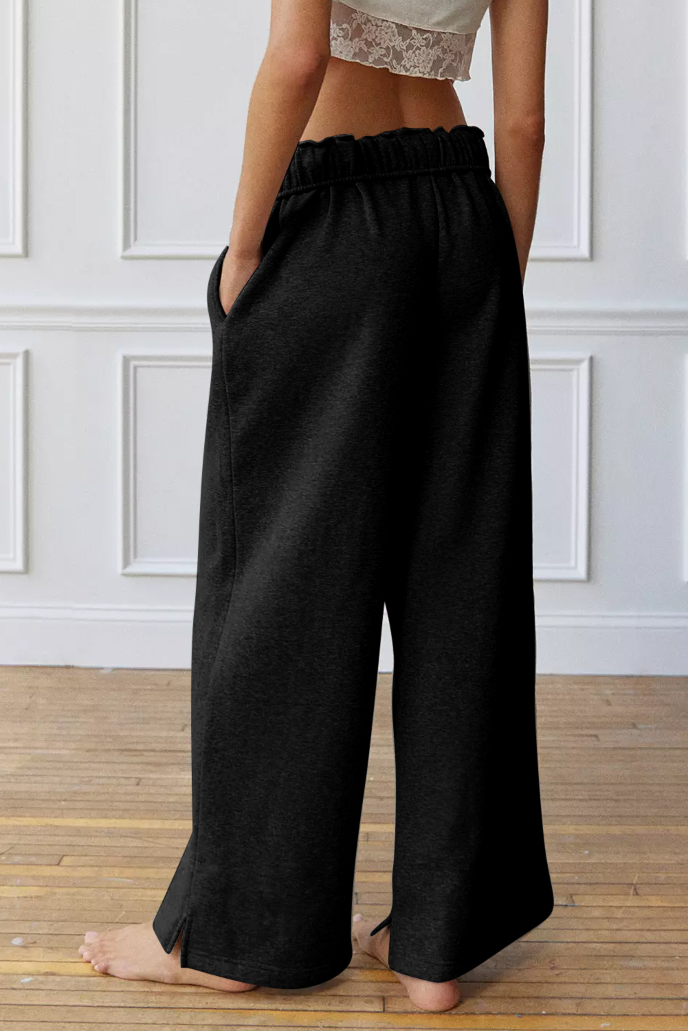 Black Elastic High Waist Drawstring Sweatpants - Image 2