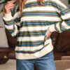 Khaki Stripe Crew Neck Drop Shoulder Pullover Sweatshirt