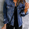 Black Lapel Distressed Raw Hem Buttons Denim Jacket