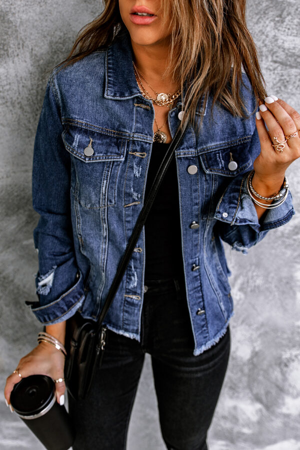 Black Lapel Distressed Raw Hem Buttons Denim Jacket