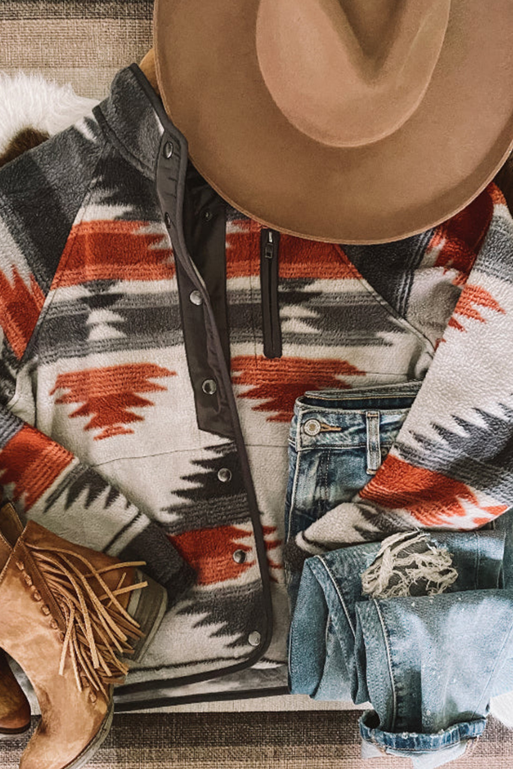 Gray Western Aztec Snap Buttoned Fleece Jacket - Image 6