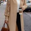 Parchment Lace Patchwork Ribbed Knit Open Front Duster Cardigan
