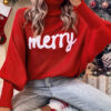 Fiery Red Merry Letter Embroidered High Neck Sweater