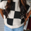 Light Blue Checkered Color Block Crew Neck Short Sleeve Sweater