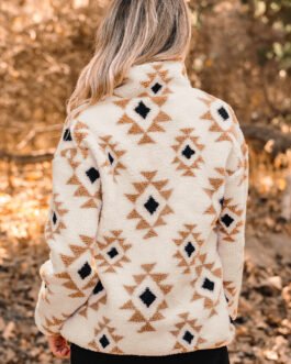 Khaki Aztec Print Sherpa Quarter Zip Collar Sweatshirt