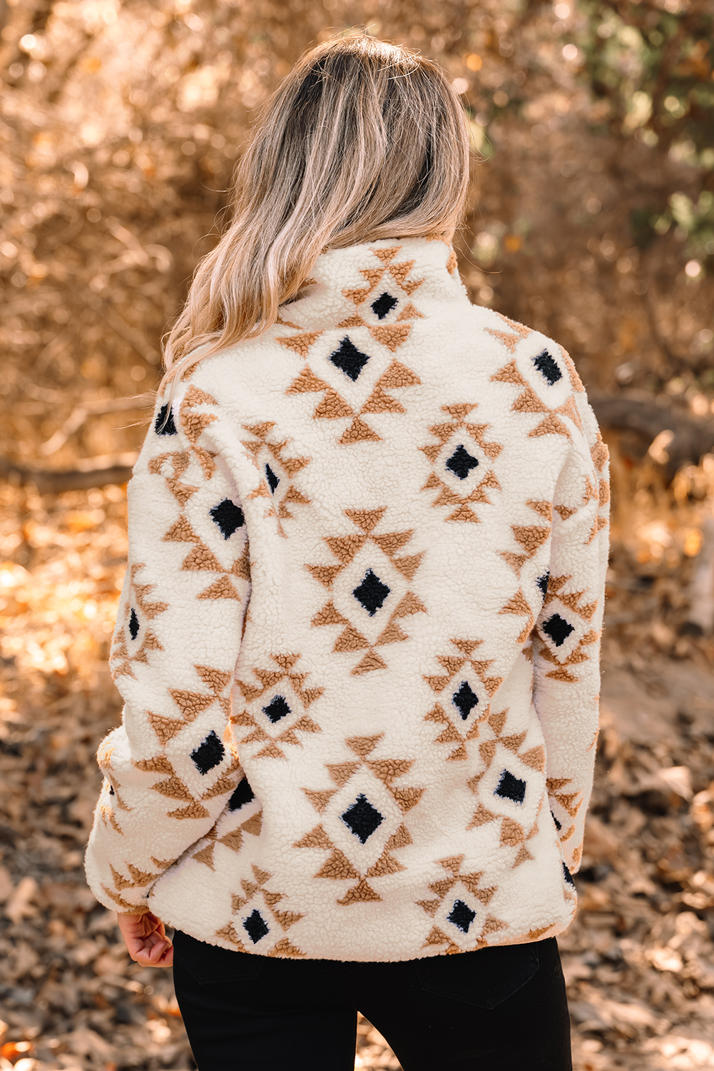 Khaki Aztec Print Sherpa Quarter Zip Collar Sweatshirt - Image 2