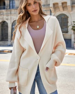 Beige Solid Color Knit Lapel Collar Single Button Sweater Cardigan