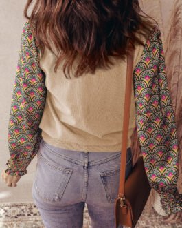 Apricot Floral Patchwork Shirred Cuff Puff Sleeve Sweater