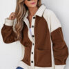 Brown Color Block Patchwork Button Down Fleece Shacket