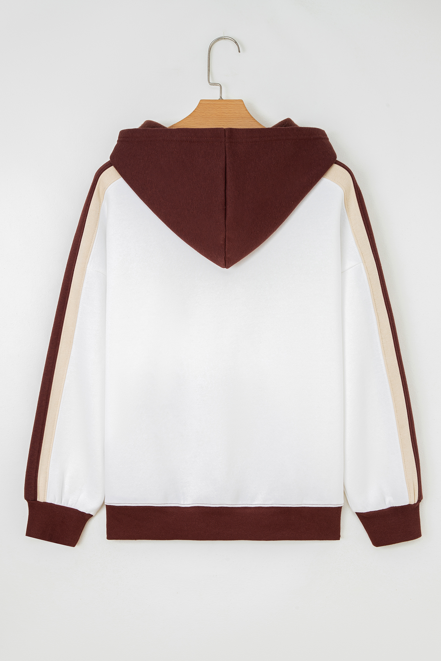 Coffee Color Block Patchwork Athleisure Hooded Sweatshirt - Image 4