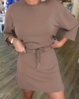 Coffee Solid Color Drop Shoulder Pullover Drawstring Mini Skirt 2pcs Outfit