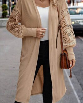 Parchment Lace Patchwork Ribbed Knit Open Front Duster Cardigan