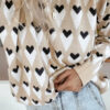 Parchment Geometric Heart Print Ribbed Trim Loose Sweater