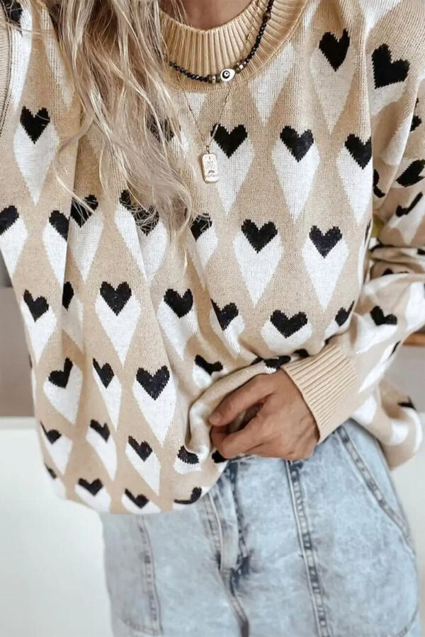 Parchment Geometric Heart Print Ribbed Trim Loose Sweater