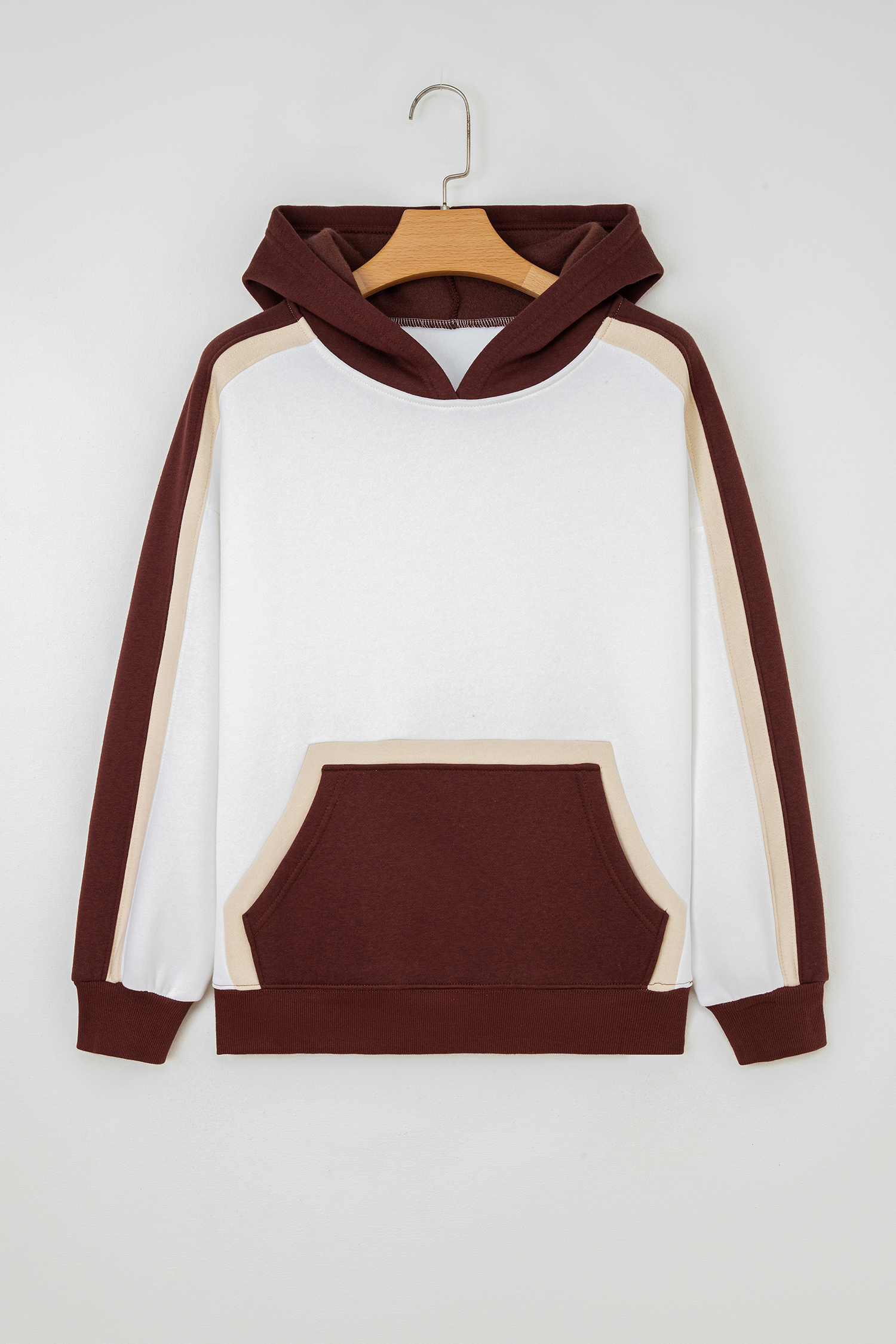 Coffee Color Block Patchwork Athleisure Hooded Sweatshirt - Image 3