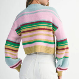 Multicolour Striped Knit Ribbed Trim Boxy Fit Cropped Sweater