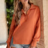 Orange Buttoned Collared Raw Detail High Low Baggy Sweatshirt with Slits
