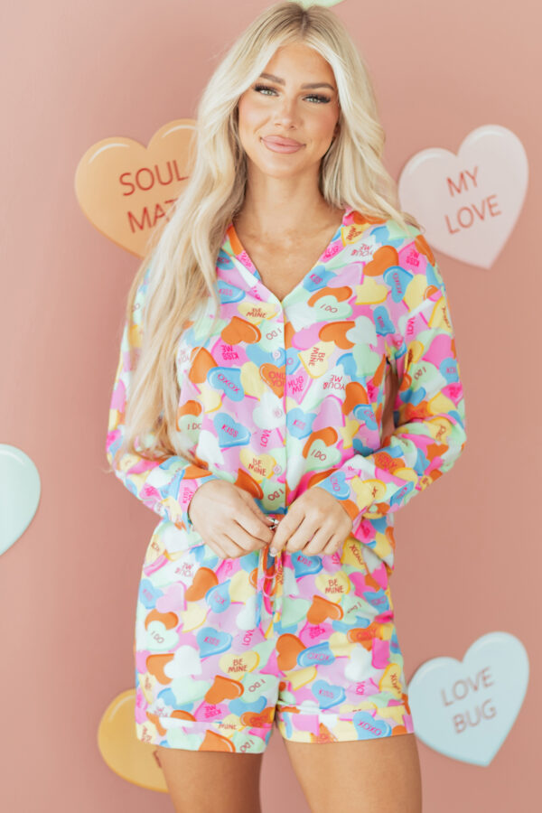 Pink Valentines Candy Heart V Neck Collared Tunic Shirt and Shorts 2pcs Pajama Set
