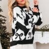 Black Bow Print 2-tone Rhombus Knit Loose Sweater