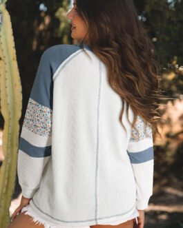 White Floral Patchwork Waffle Knit Raglan Top