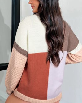 Coffee Mix Texture Colorblock Knit Baggy Sweater