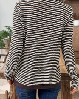 Brown Faux Two Piece Textured Striped Round Neck Long Sleeve T Shirt