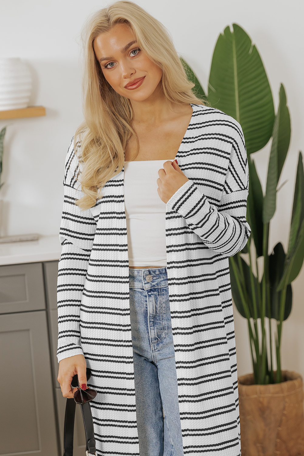 Black Stripe Print Open Front Duster Cardigan - Image 8