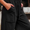Black Mineral Wash Exposed Seam Drawstring Elastic Waistband Wide Leg Cargo Pants