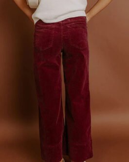 Burgundy Corduroy Solid Color High Waist Wide Leg Pants