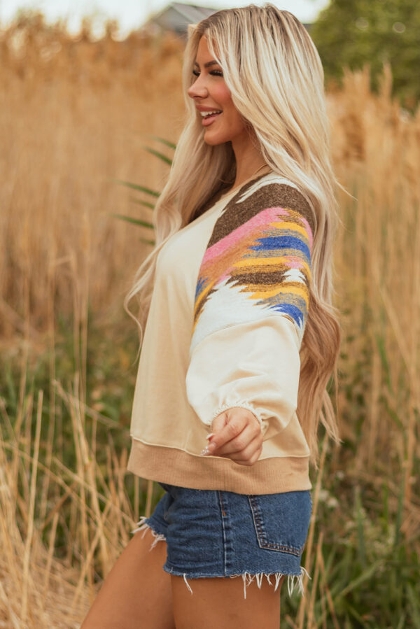 Light French Beige Aztec Patchwork Raglan Pullover Sweatshirt