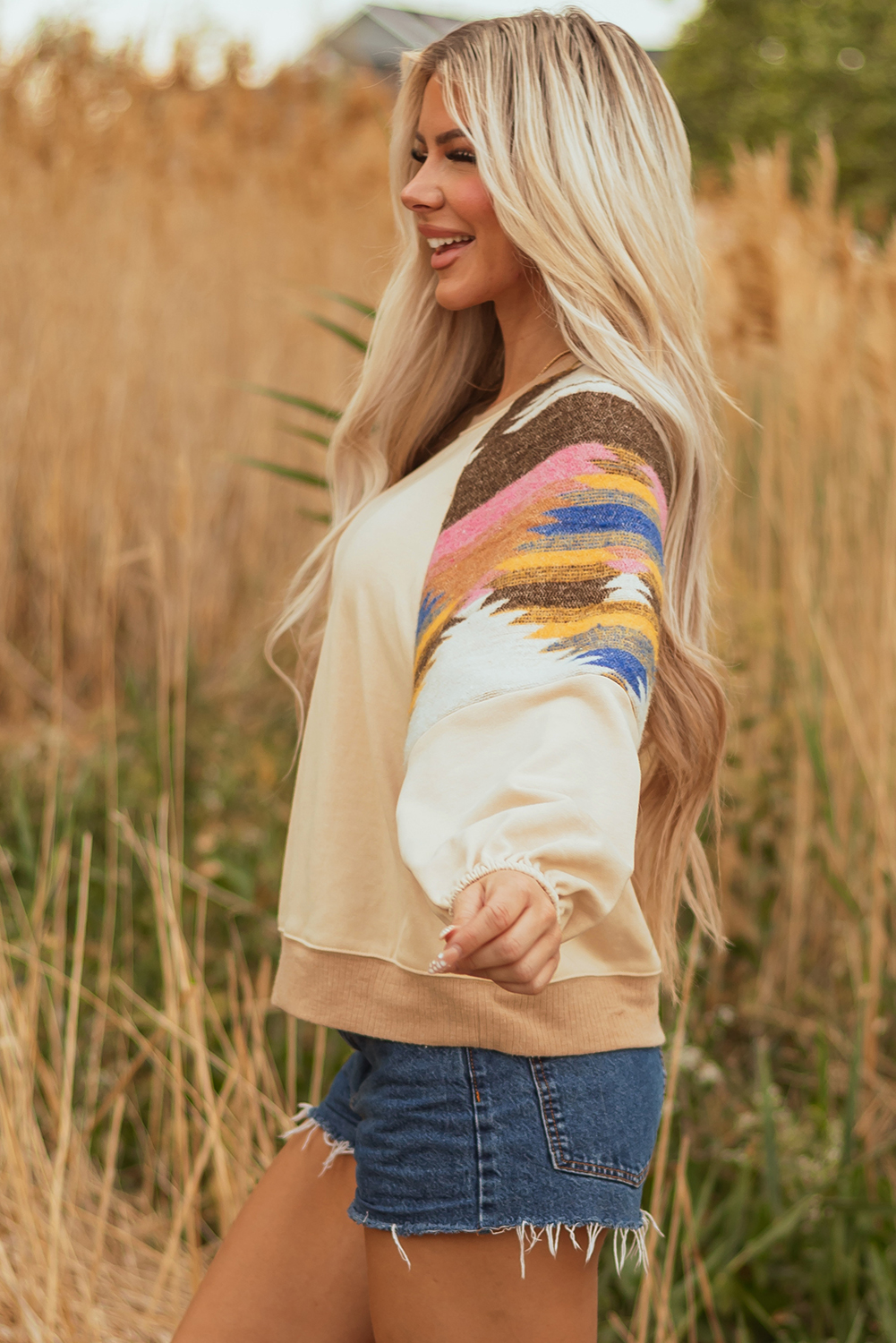 Light French Beige Aztec Patchwork Raglan Pullover Sweatshirt - Image 3